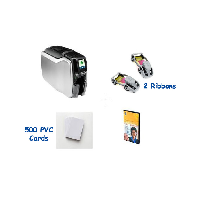 ZEBRA ZC300, ZC32-000C000EM00 Dual Sided ID Card Printer, 2 no. of 800300-350EM color Ribbon , Classic Studio software , 500 PVC Cards BUNDLE OFFER